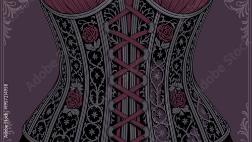 Ornate black iron lace corset vector - Perfect for alternative apparel branding, tattoo art, or vintage gothic design.