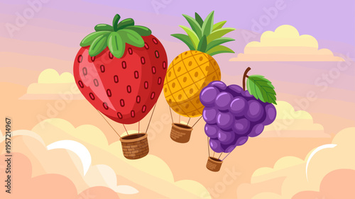 Strawberry and pineapple hot air balloons - Great for birthday party invitations, sweet shop branding, or fantasy art.