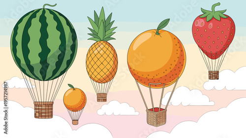 Whimsical fruit hot air balloons in sky - Ideal for children's book illustrations, nursery decor, or playful travel ads.