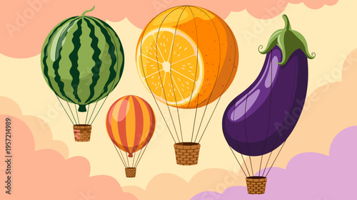 Fantasy fruit balloons floating in clouds - Suitable for imaginative storytelling, organic food ads, or quirky web design.
