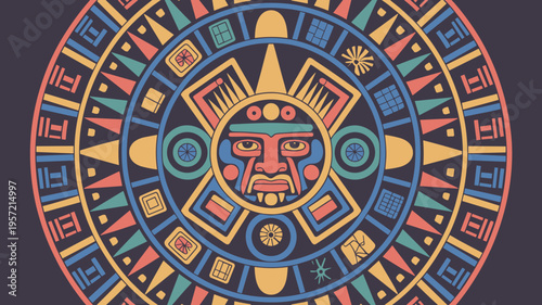 Vibrant reimagined Aztec sun stone - Perfect for museum exhibition posters, ethnic pattern design, or digital art prints.