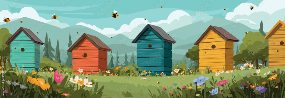 Fototapeta premium Apiary landscape. Bee hive farm meadow cartoon background, bumble bees garden wooden house summer spring nature honey flower countryside outdoor insect vector illustration