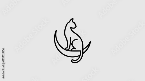 Sleek cat on crescent moon line drawing - Suitable for wellness branding, nighttime blog headers, or sophisticated art prints.