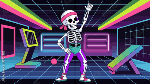 Skeleton workout instructor in vibrant 80s gym – Great for fitness blog humor, retro fashion articles, or pop art decor.
