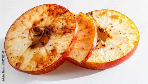 Slices of a rotten apple on a white background.