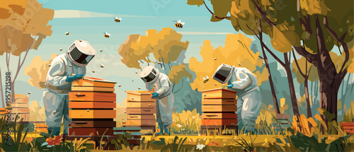 Beekeepers at apiary. Beekeeper collect honey honeycomb hive apiarist apiculture bee keeper worker farmer beehive smoker suit insect farm outdoor landscape vector illustration