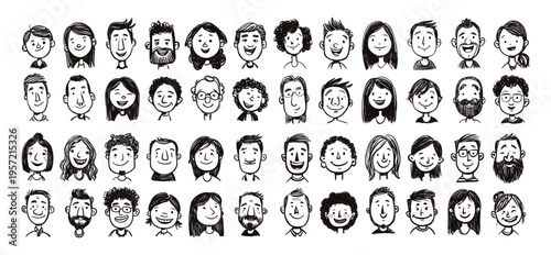 Child drawing portraits. Kid face scribble portrait hand drawn family photo faces chalk crayon sketches mom dad friends brother sister teacher parents character vector illustration