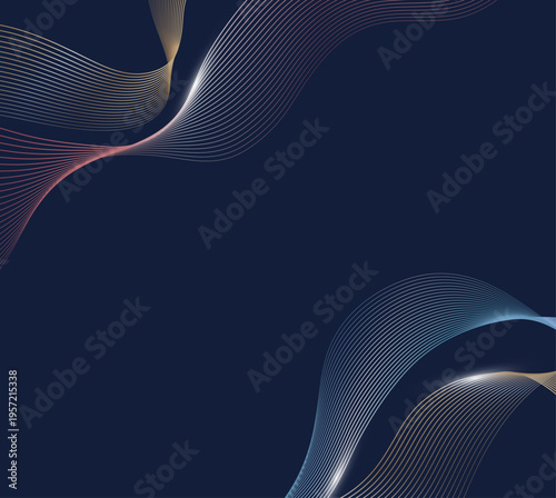 濃紺の背景に広がる繊細なマルチカラーの曲線美と光の粒子が輝く幻想的な抽象ラインアート