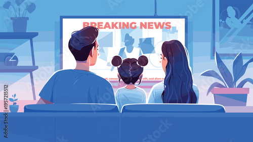 Family watch news. People watching breaking news on tv, parents with daughter sitting sofa couch back rear view look to television screen living room interior vector illustration