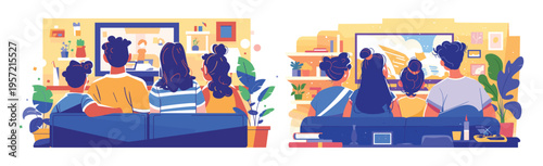 Family watching tv back view. Parents with children sitting couch watch movie film or news television screen, cozy home living room rear interior flat scenes vector illustration