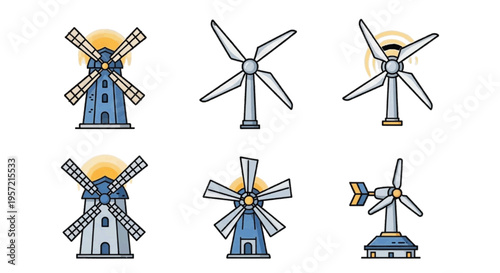 Vector illustration of set of various wind turbine and traditional windmill icons