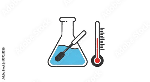 Vector illustration of laboratory flask with chemical liquid and thermometer icon