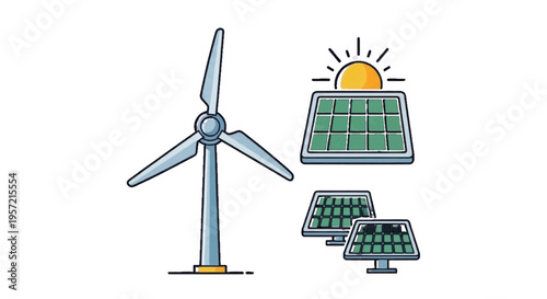 Vector illustration of wind turbine and solar panels icons for renewable energy concept