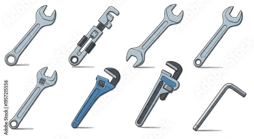 Vector illustration of set of various metal wrenches and spanners