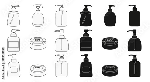 Vector illustration of set of soap dispensers and soap bars in line art and silhouette style