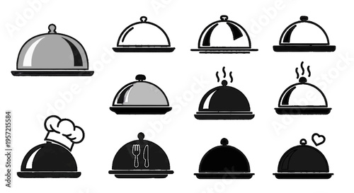 Vector illustration of set of cloche food serving dome icons