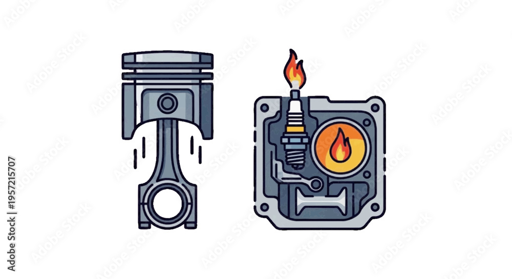 Naklejka premium Vector illustration of piston and spark plug with combustion flame icons