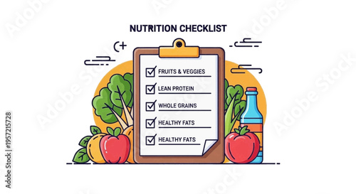 Vector illustration of nutrition checklist with healthy food icons and clipboard