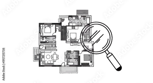 Vector illustration of magnifying glass over a detailed architectural floor plan of a house