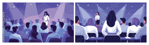 Medical conference speaker. Doctor speech scientist researcher physician presenter, congress symposium seminar student lecture audience healthcare medicine vector illustration