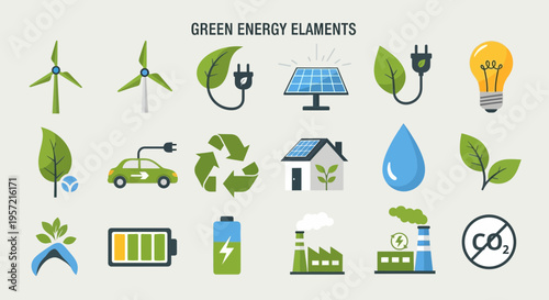 Green energy elements icons set.