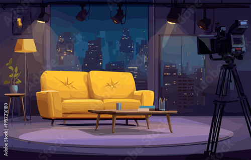 Night show empty studio. TV late talk show dark room interior, yellow sofa couch camera coffee table cityscape background television entertainment podcast host vector illustration