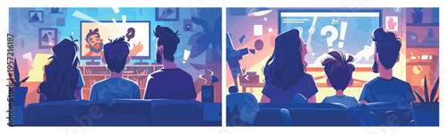 People watching horror. Family or friends watch scary movie, blockbuster film excited woman afraid kid man look thriller tv screen on sofa together night room vector illustration