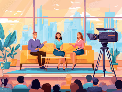 Talk show. Tv studio celebrity guest interview host, morning conversation on sofa yellow couch interior camera recording television entertainment live audience vector illustration