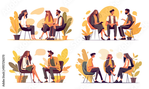 Video podcast interview. Broadcast record people conversation, journalist presenter social media blogger woman man talking communication vlog therapy scenes vector illustration