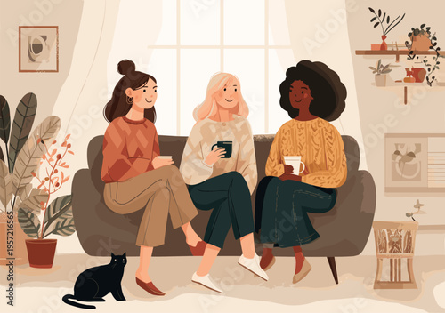 Woman friends drinking tea. Girlfriends drinking coffee together home, lady gossip conversation sitting sofa cozy living room interior happy girls meeting couch vector illustration