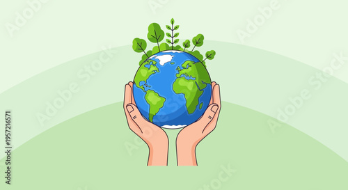 Hands Holding Green Earth Globe.