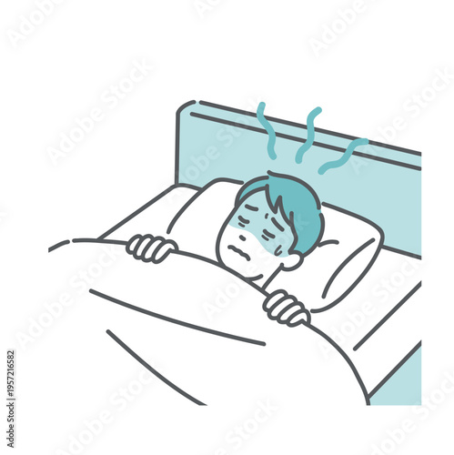 体調不良で寝汗をかいて寝苦しい男性のイラスト（発熱・熱帯夜）