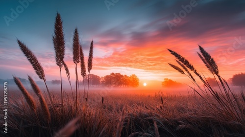 Scenic Sunrise Over Field with Golden Grass and Fog, Evoking Serenity and Tranquility