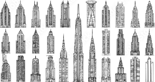 Collection of Hand-Drawn Skyscraper Illustrations: Black and White Sketch Art of Iconic City Buildings and Urban Architecture Designs for Various Projects