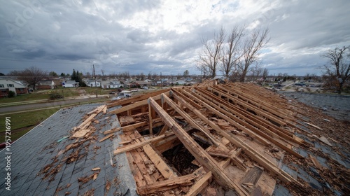 Damaged House Roof After Tornado Destruction