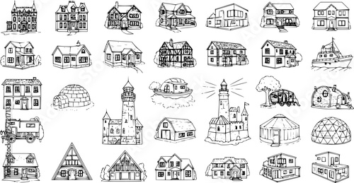 Diverse Collection of Hand-Drawn House and Building Illustrations in Black and White