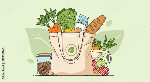 Reusable shopping bag with fresh groceries.