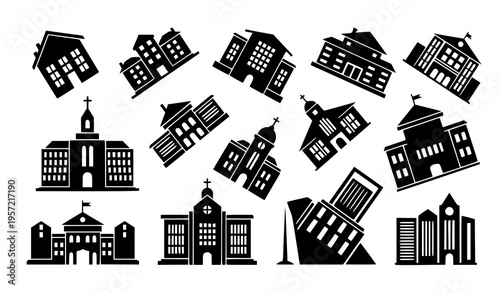 Abstract building and architecture silhouette icon collection with house, office, mosque, church, and pagoda vector symbols