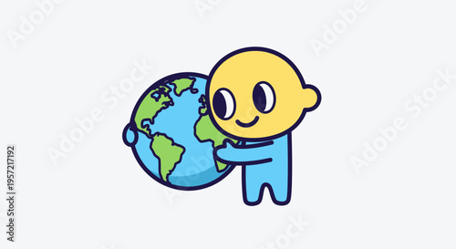 Smiling cartoon character holding globe.