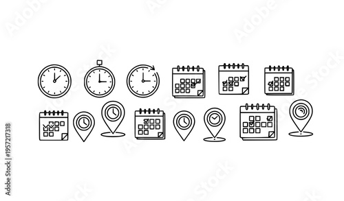Time date and location icon variations with editable stroke line design for web and app interfaces