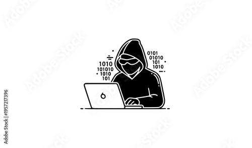 Hacker icon in silhouette and outline style with laptop and hood figure for digital security vector