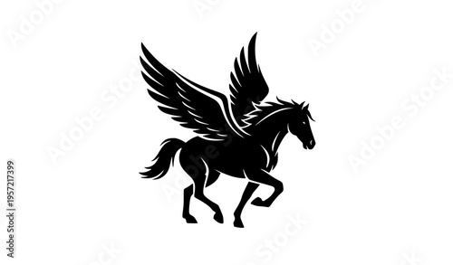 Flying Pegasus icon silhouette with running winged horse for mascot and vector branding