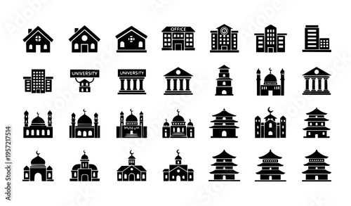Building and architecture silhouette icon set with house, office, bank, mosque, church, and pagoda vector collection