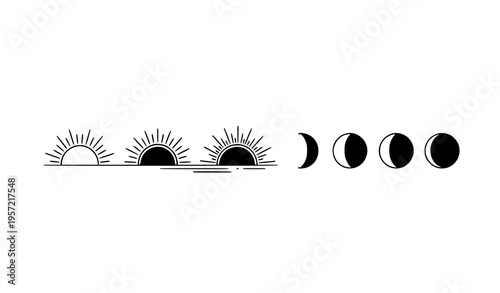 Sunrise to sunset timeline with sun and moon icons in line art and silhouette vector design