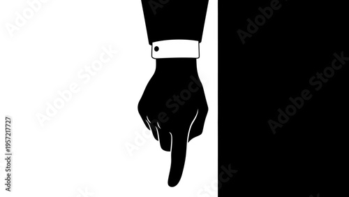 Black Hand Pointing Down Against White and Black Background