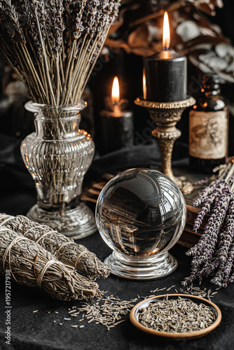 Magical ritual setup, featuring a crystal ball, dried herbs, candles, potions