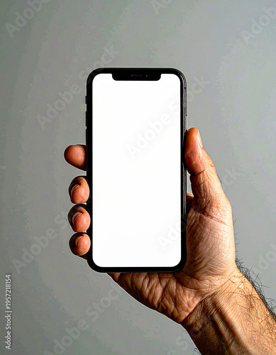 Hand holding smartphone mockup with white screen for design and copy space.