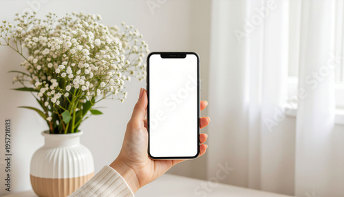 Hand holding smartphone mockup with white screen for design and copy space.