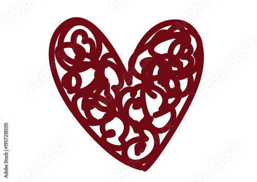 Hand-drawn red heart with creative curly patterns inside. Artistic doodle icon isolated on a transparent background for Valentine's Day, wedding, and romantic designs.