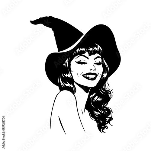 Dibujo de chica pin up sexy sonriente con sombrero de bruja de Halloween